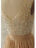 Champagne Chiffon Deep V Neckline Beading Prom Dress